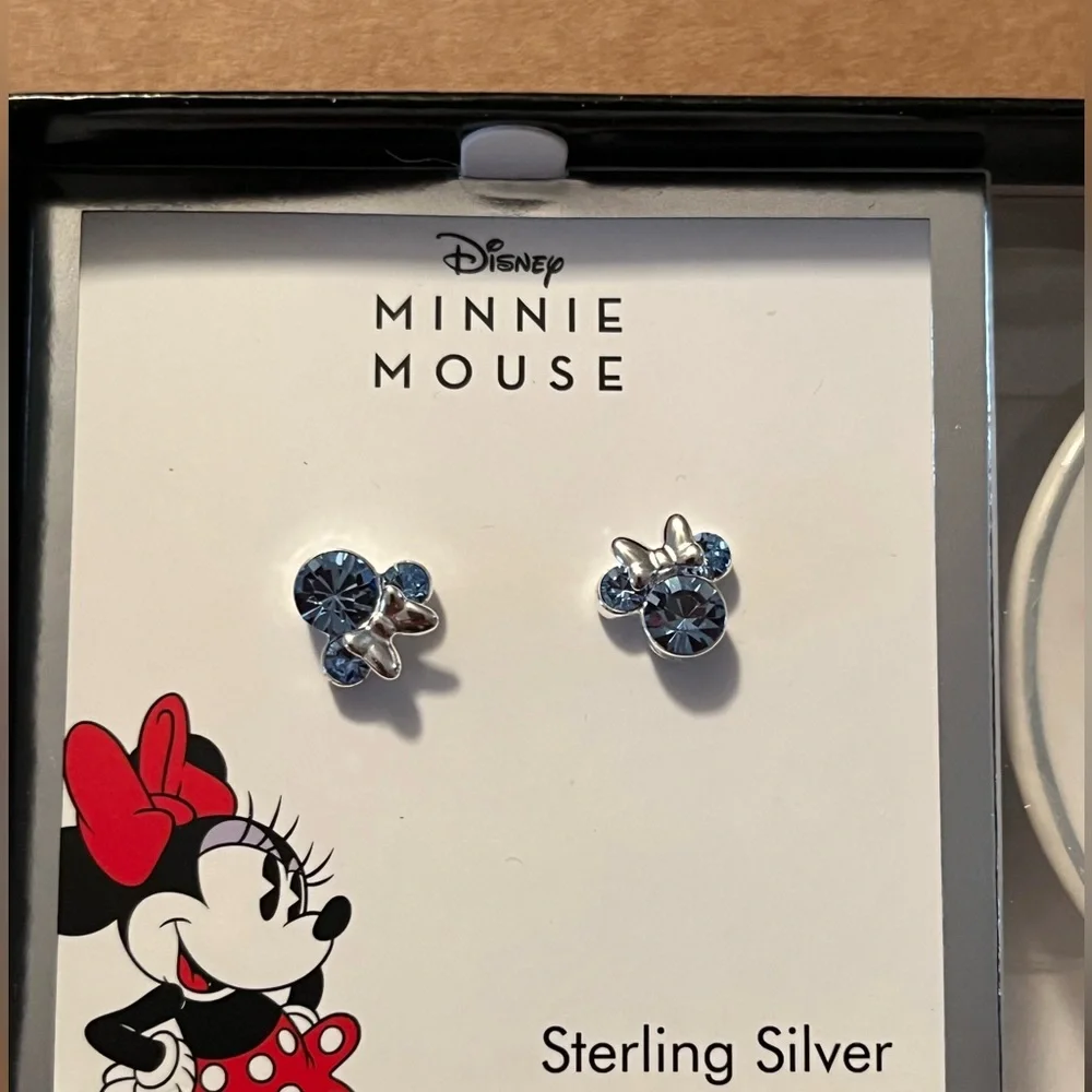 ❤️Minnie Mouse Blue Crystal Stud Earrings in Sterling Silver & Trinket Dish